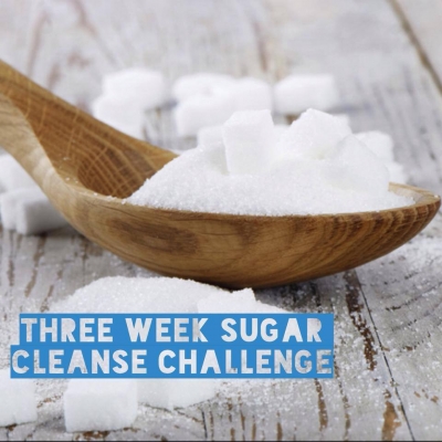 3 week Sugar Cleanse graphic with sugar cubes