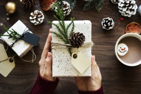 a packed gift with decorations 